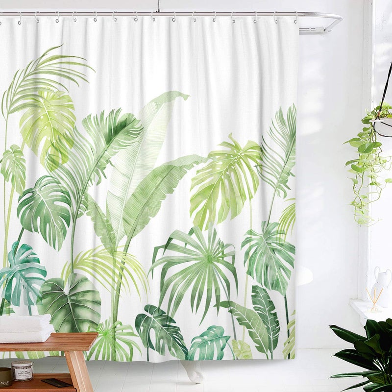 Lifeel Tropical Shower Curtain, Leaves Jungle Shower Curtain Palm Bathroom Shower Curtain Set Heavyweight with 12 Hooks, Green White 72" x 72" - Image 1